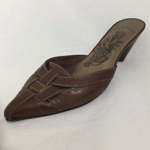 Matisse Brown Woven Leather Front Mule Unique Heel